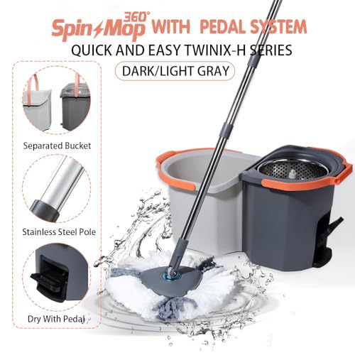 Oumffy Twin Spin Mop with 𝐏𝐞𝐝𝐚𝐥 Rotating Bucket for Home Cleaning Floor / 360° Triangle Mops Folding Cleaning Bucket with Basket Separation Pedal / 2Pcs Reusable Microfiber Pad (Pedal Grey) - Image 3