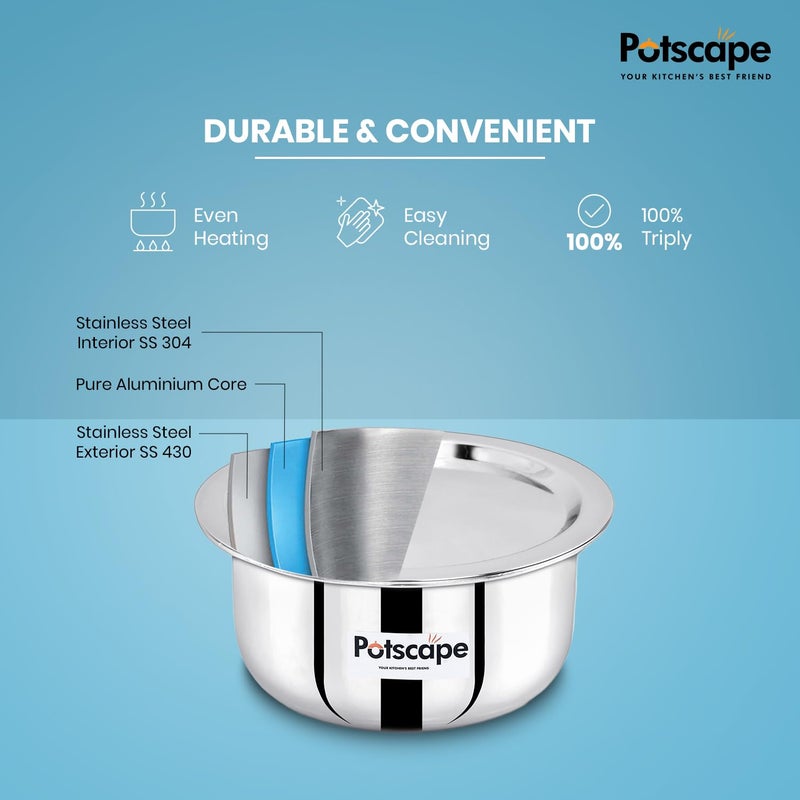 POTSCAPE Triply Cooking Pot with Lid, 14 cm Capacity 1.15 LTR | Even Heat Distribution, Dishwasher Safe | Healthy Cooking | Gas & Induction Compatible | Stainless Steel Tope - 5 Year Warranty - Image 5