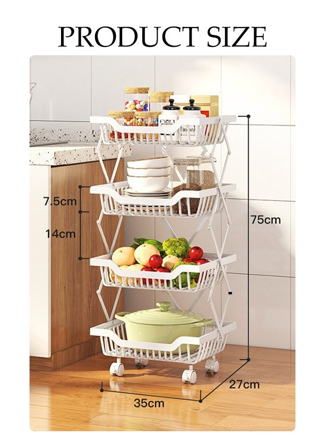 DUNISO 4-Tier Large Capacity Metal Wire Fruit And Vegetable Storage Basket with Wheels,Foldable Shelves Organizer For Kitchen ，Basement and Pantry，No Assembly Required Storage Rack(White) - Image 2