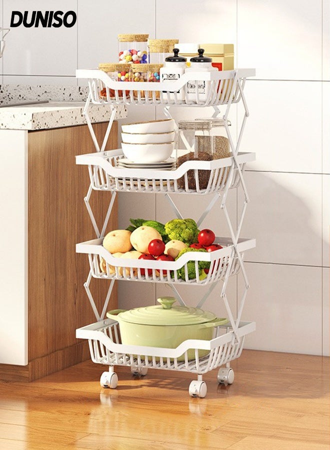 DUNISO 4-Tier Large Capacity Metal Wire Fruit And Vegetable Storage Basket with Wheels,Foldable Shelves Organizer For Kitchen ，Basement and Pantry，No Assembly Required Storage Rack(White) - Image 1