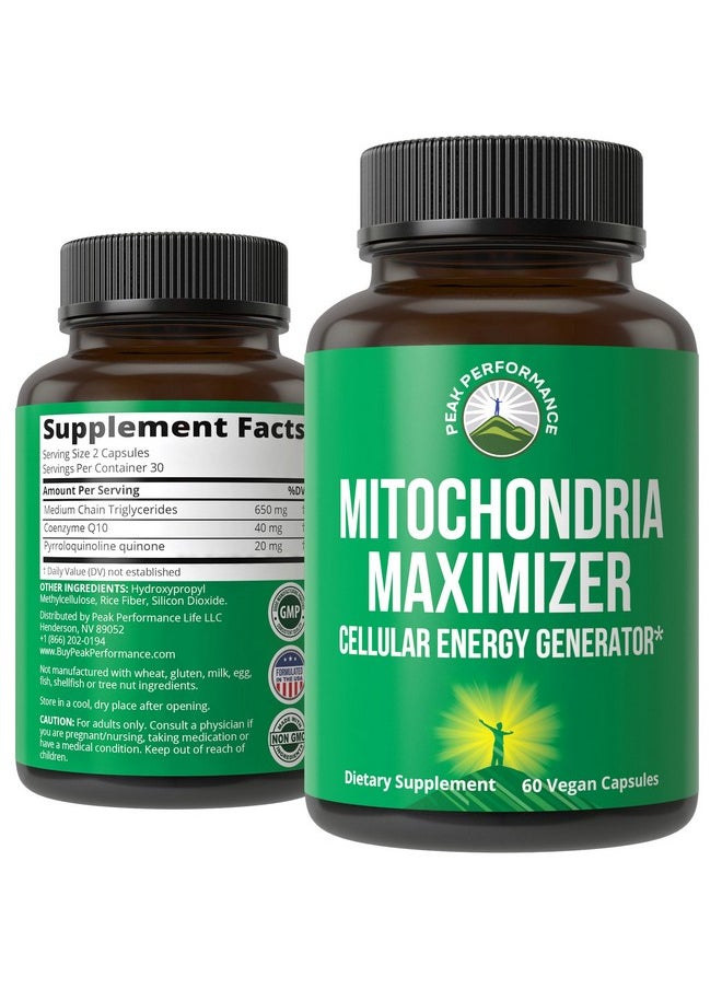 Peak Performance Mitochondria Maximizer with CoQ10 and Active PQQ. Best Mitochondrial Support Supplement with MCT Oil. Natural Cellular Generator for Clean, Focused Energy 60 Vegetarian Capsules  - Image 1