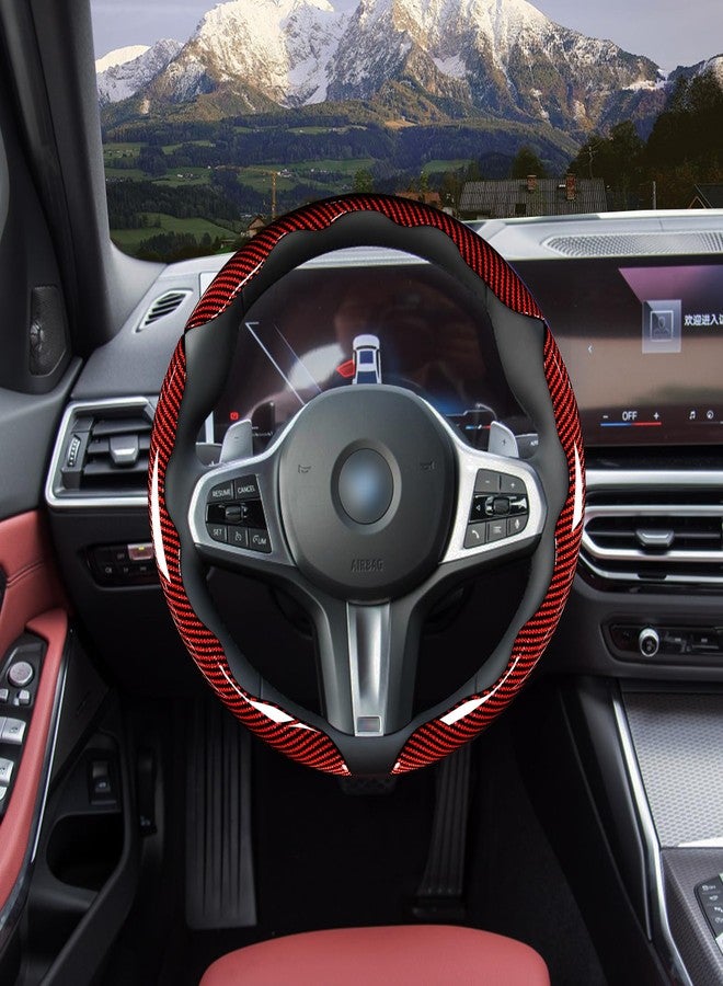 Aotoyou Car Steering Wheel Cover Set Bright Carbon Fiber Wrap Non-Slip 3pcs Steering Wheel Accessories 14.5-15 inch Universal (Red) - Image 2
