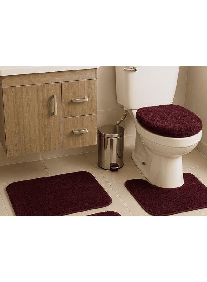 Plush Bathroom Rug Set, 3 Piece Shag Bath Mat with Anti-Slip Backing, .flo (Burgundy)