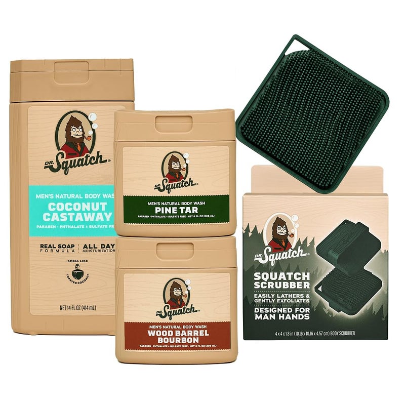 Dr. Squatch دكتور سكواتش غسول الجسم الطبيعي الجديد للرجال غير مقشر جوز الهند كاستاواي 14 أونصة برميل خشبي بوربون 8 أونصة 2 عبوة مقشر الجسم
