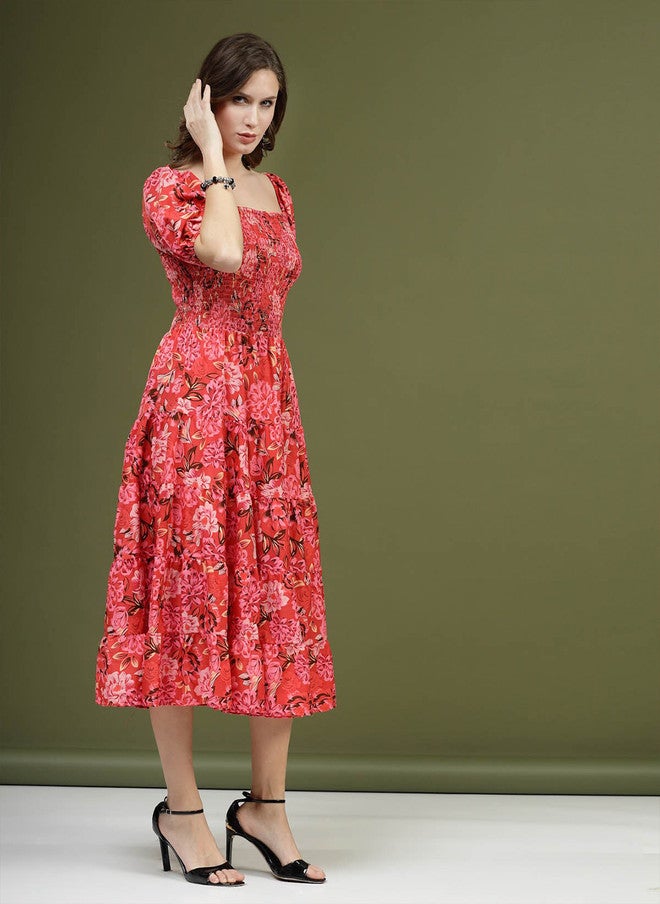 PlusS Red Floral Printed Midi Dress for Women - Image 3
