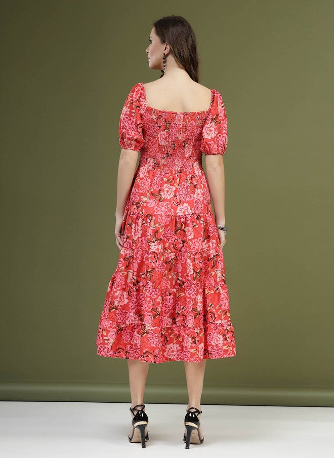 PlusS Red Floral Printed Midi Dress for Women - Image 5