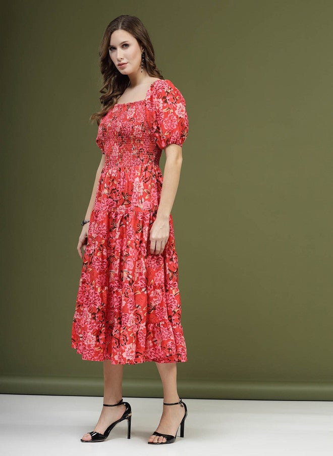PlusS Red Floral Printed Midi Dress for Women - Image 4