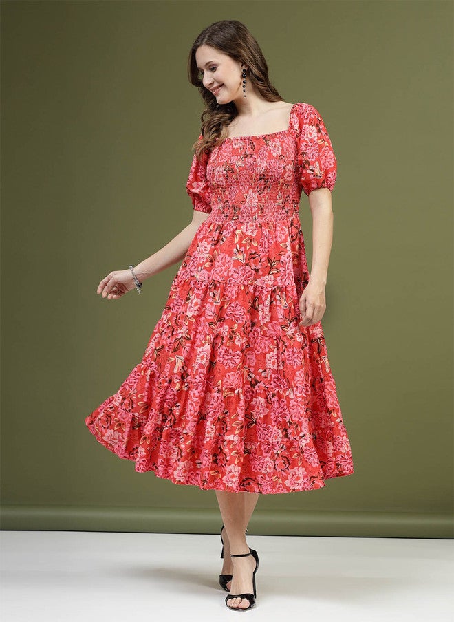 PlusS Red Floral Printed Midi Dress for Women - Image 1