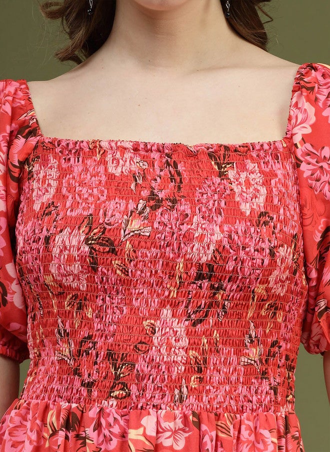 PlusS Red Floral Printed Midi Dress for Women - Image 2