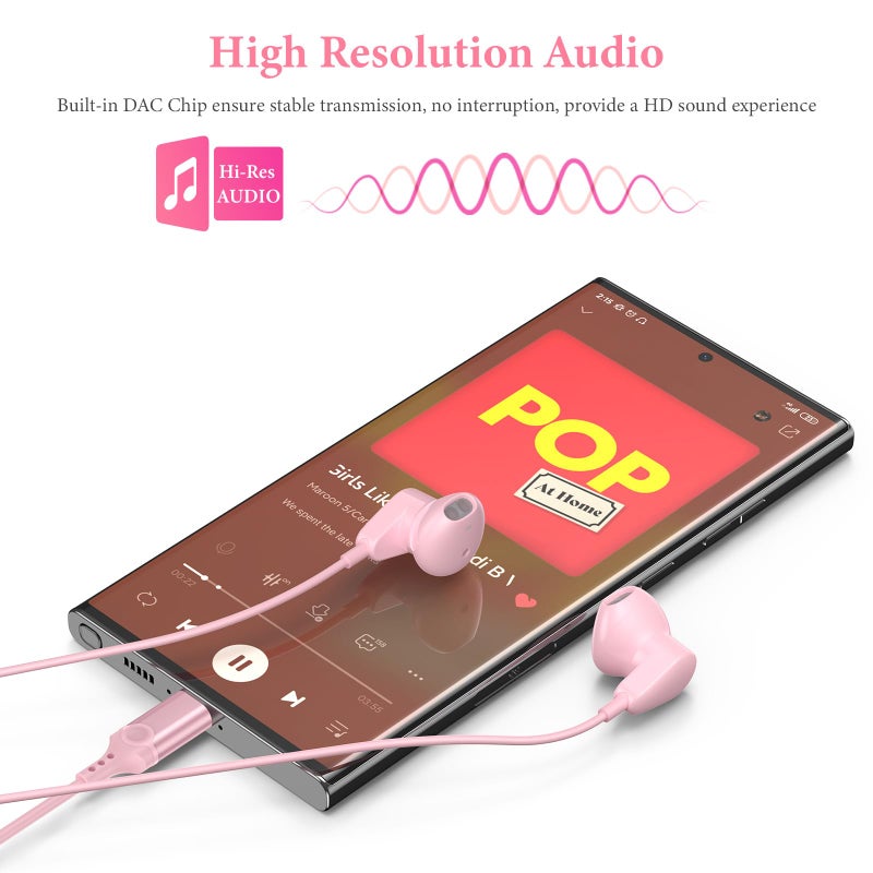 APETOO سماعات أذن APETOO USB C لجهاز iPhone 15 Plus 16 17 Pro Max و iPad Pro سماعات سلكية USB-C مع ميكروفون تحكم في الصوت HiFi ستيريو سماعات نوع C لجهاز Galaxy S25/S24/S23/S22 Ultra، Pixel 9 8 7 6، وردي - Image 2