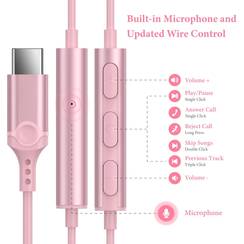 APETOO سماعات أذن APETOO USB C لجهاز iPhone 15 Plus 16 17 Pro Max و iPad Pro سماعات سلكية USB-C مع ميكروفون تحكم في الصوت HiFi ستيريو سماعات نوع C لجهاز Galaxy S25/S24/S23/S22 Ultra، Pixel 9 8 7 6، وردي - Image 3