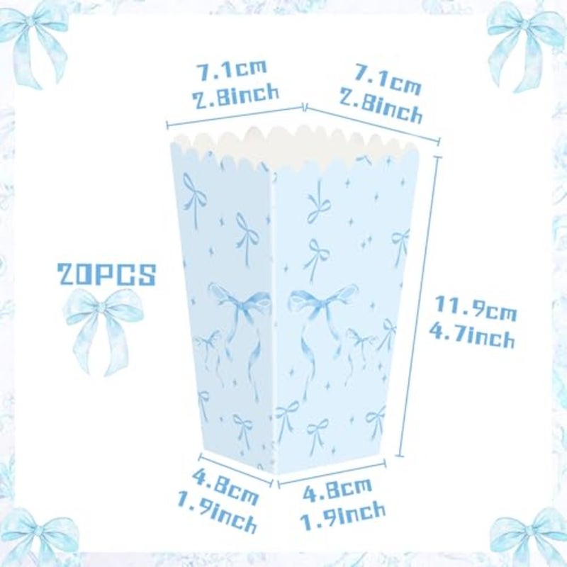 Blue Bow Mini Popcorn Boxes 24 Pcs Blue and White Bulk Popcorn Containers Open Top Goodies Treat Candy Bags for Wedding Baby Shower Party Supplies - Image 2