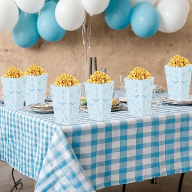 Blue Bow Mini Popcorn Boxes 24 Pcs Blue and White Bulk Popcorn Containers Open Top Goodies Treat Candy Bags for Wedding Baby Shower Party Supplies - Image 3