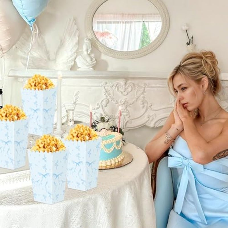 Blue Bow Mini Popcorn Boxes 24 Pcs Blue and White Bulk Popcorn Containers Open Top Goodies Treat Candy Bags for Wedding Baby Shower Party Supplies - Image 5