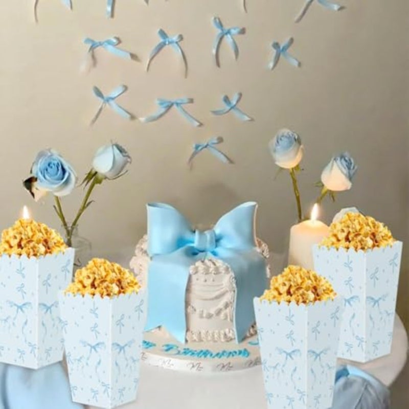 Blue Bow Mini Popcorn Boxes 24 Pcs Blue and White Bulk Popcorn Containers Open Top Goodies Treat Candy Bags for Wedding Baby Shower Party Supplies - Image 4