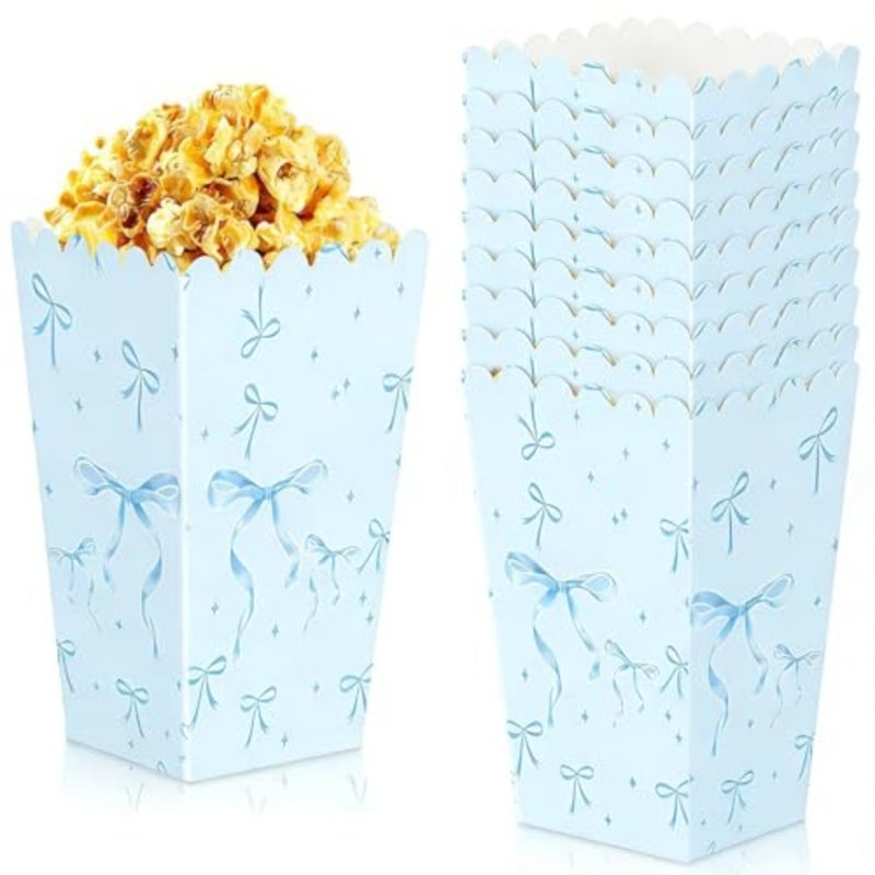 Blue Bow Mini Popcorn Boxes 24 Pcs Blue and White Bulk Popcorn Containers Open Top Goodies Treat Candy Bags for Wedding Baby Shower Party Supplies - Image 1