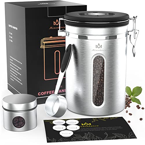 Miscedence Coffee canister for ground coffee with Transparent Window,Date Tracker,CO2 Valve 304 Stainless Steel Kitchen Food Airtight storage container for Coffee Beans or Grounds, Tea, Sugar(Silver 22OZ) - Image 1