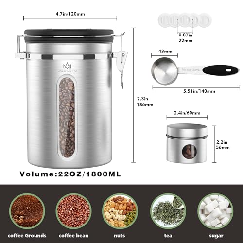 Miscedence Coffee canister for ground coffee with Transparent Window,Date Tracker,CO2 Valve 304 Stainless Steel Kitchen Food Airtight storage container for Coffee Beans or Grounds, Tea, Sugar(Silver 22OZ) - Image 4