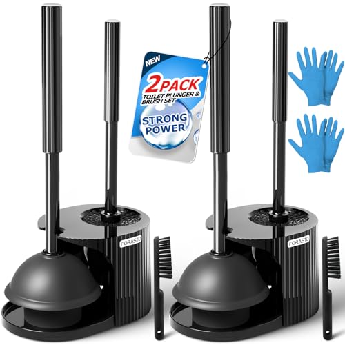 FORASTO 2Pack 2 in 1 Toilet Brush and Plunger Set, Extended Handle Plunger,Toilet Bowl Brush Plunger Set,Clean Gloves,Cleaning Tools,Cleaning Brush,Cleaning Supplies,Toilet Brush Plunger Combo,Black - Image 1