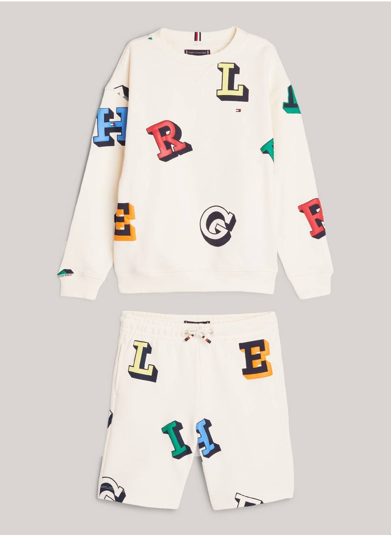 TOMMY HILFIGER - Boys' Hilfiger Monotype Sweatshirt And Sweat Shorts Set -  Pure cotton, Beige - Image 1