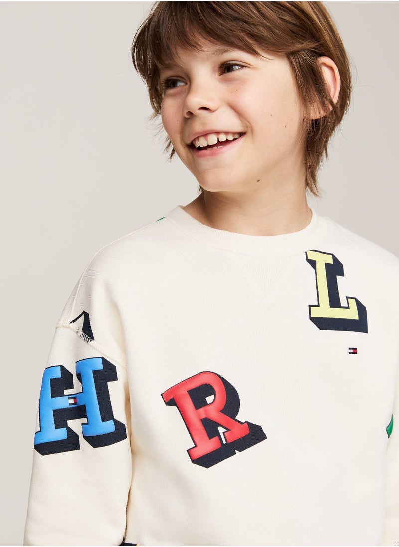TOMMY HILFIGER - Boys' Hilfiger Monotype Sweatshirt And Sweat Shorts Set -  Pure cotton, Beige - Image 1