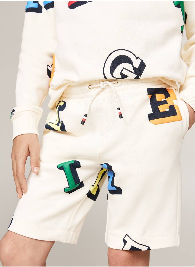TOMMY HILFIGER - Boys' Hilfiger Monotype Sweatshirt And Sweat Shorts Set -  Pure cotton, Beige - Image 1
