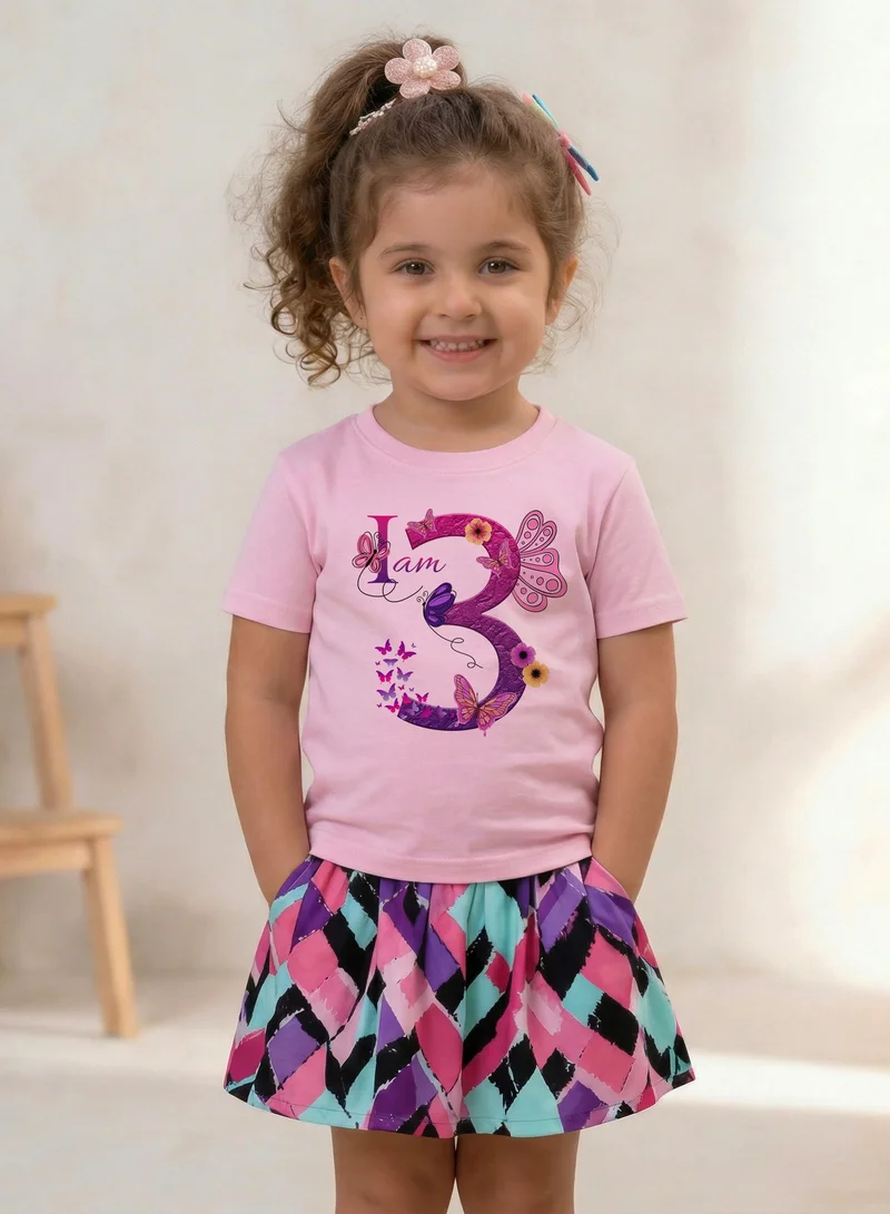 Funkaar Funkaar Birthday Girl, 3rd Year Butterfly Birthday Graphic Print T-Shirt