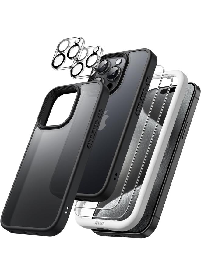 جي تيك جراب غير لامع 5 في 1 لهاتف Iphone 15 Pro مقاس 6.1 بوصة مع قطعتين من واقي الشاشة الزجاجي المقوى وواقي عدسة الكاميرا وغطاء خلفي شفاف مقاوم للصدمات لهاتف أسود - Image 1