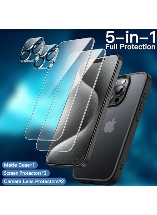 جي تيك جراب غير لامع 5 في 1 لهاتف Iphone 15 Pro مقاس 6.1 بوصة مع قطعتين من واقي الشاشة الزجاجي المقوى وواقي عدسة الكاميرا وغطاء خلفي شفاف مقاوم للصدمات لهاتف أسود - Image 3