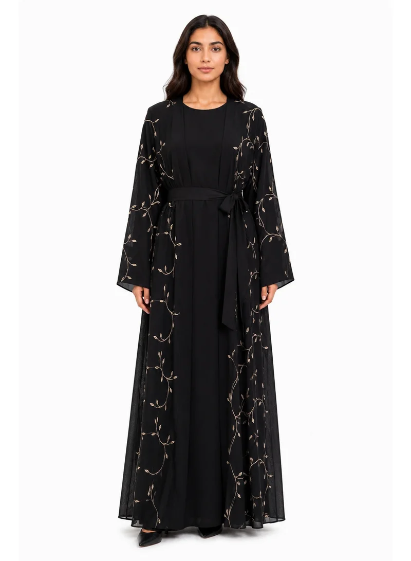 Reem Abayas All Over Embroidered Abaya with Inner Dress & Matching Sheila