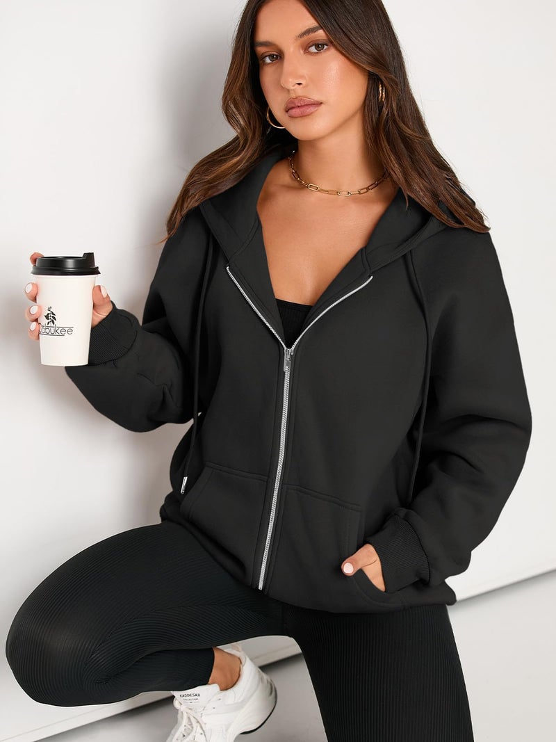 EFAN Women Zip Up Hoodies Oversized Sweatshirt Jacket 2024 Fall Fleece Cute Pullover Hooded Tops Teen Girls Casual Loose Fit Y2k Trendy Fashion Gym Clothes Outfits Black M - Image 2