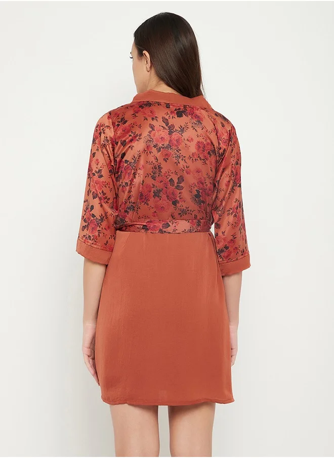Clovia Clovia Pretty Florals Robe in Rust Brown - Satin