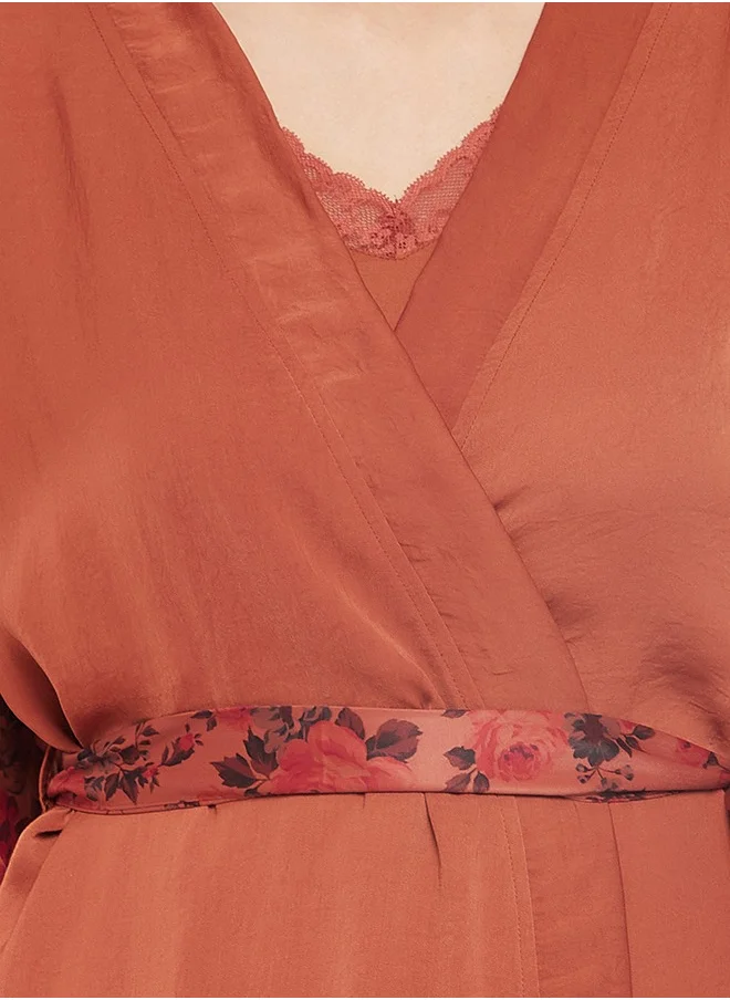 Clovia Clovia Pretty Florals Robe in Rust Brown - Satin