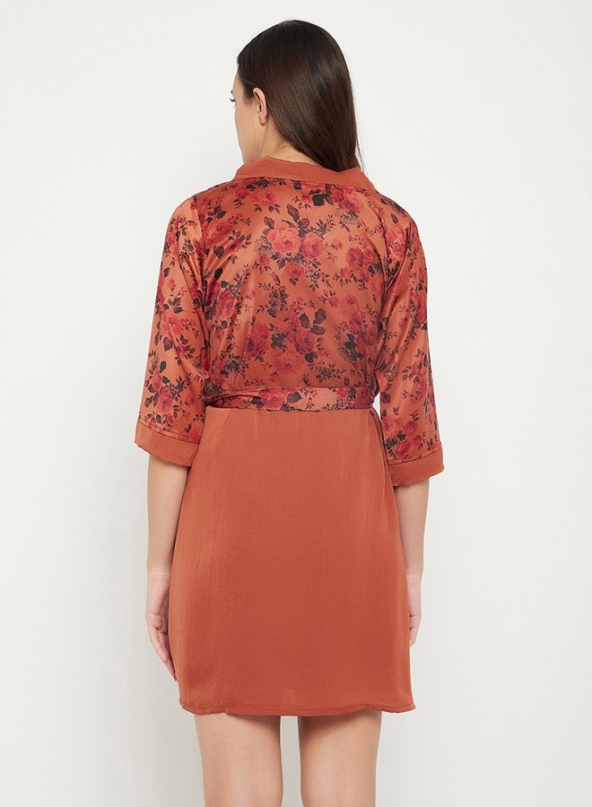 Clovia Pretty Florals Robe in Rust Brown - Satin - Image 5