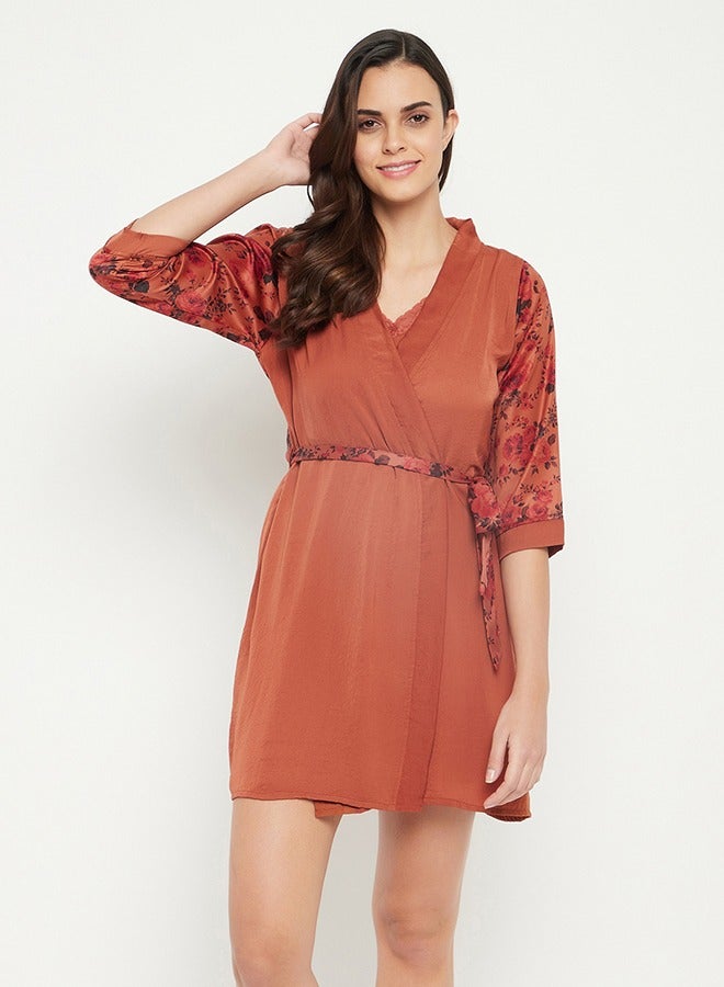 Clovia Pretty Florals Robe in Rust Brown - Satin - Image 1
