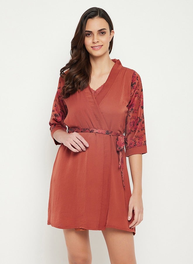 Clovia Pretty Florals Robe in Rust Brown - Satin - Image 2