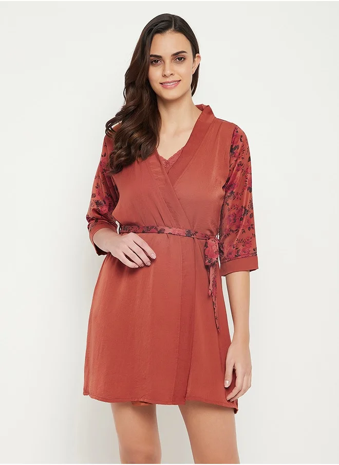 Clovia Clovia Pretty Florals Robe in Rust Brown - Satin