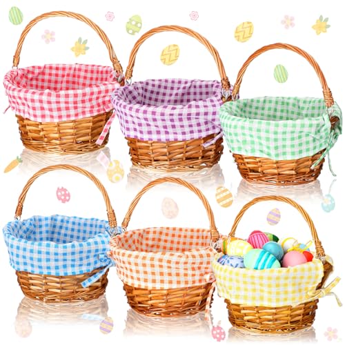 Cinnvoice 6 Pcs Easter Baskets with Handle and Liner Easter Eggs Hunt Woven Wicker Baskets Bulk Empty for Picnic Party Rattan Gift Babys First Egg Hunt Storage Party SuppliesColorful Plaid - Image 1