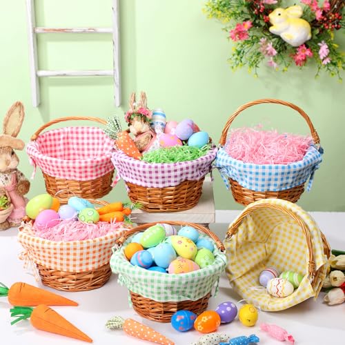 Cinnvoice 6 Pcs Easter Baskets with Handle and Liner Easter Eggs Hunt Woven Wicker Baskets Bulk Empty for Picnic Party Rattan Gift Babys First Egg Hunt Storage Party SuppliesColorful Plaid - Image 3
