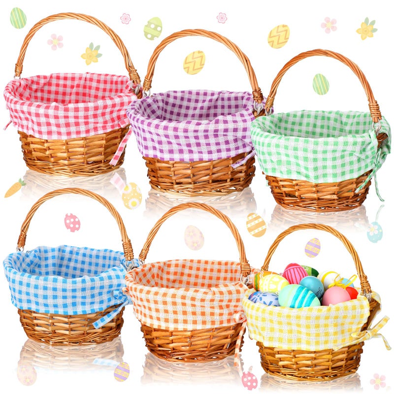 Cinnvoice 6 Pcs Easter Baskets with Handle and Liner Easter Eggs Hunt Woven Wicker Baskets Bulk Empty for Picnic Party Rattan Gift Babys First Egg Hunt Storage Party SuppliesColorful Plaid - Image 2