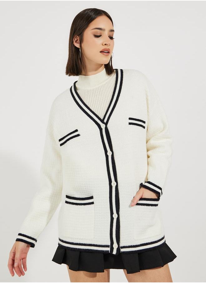 Styli - Regular Fit Longline Cardigan with Contrast Detailing - Image 1