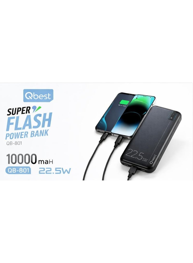 كيو بيست باور بانك Qbest سعة 10000 مللي أمبير شحن سريع 22.5 واط شاحن متنقل مع 3 مخارج USB و Type-C تصميم نحيف للسفر موديل QB-801 - Image 1