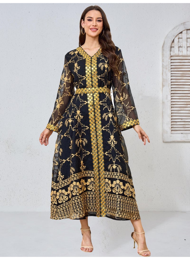 Kaiyuede Dubai Black Gold Mirror Embroidered Abaya | V-Neck Tie Waist Opaque Lined Modest Dress for Wedding & Eid - Image 4
