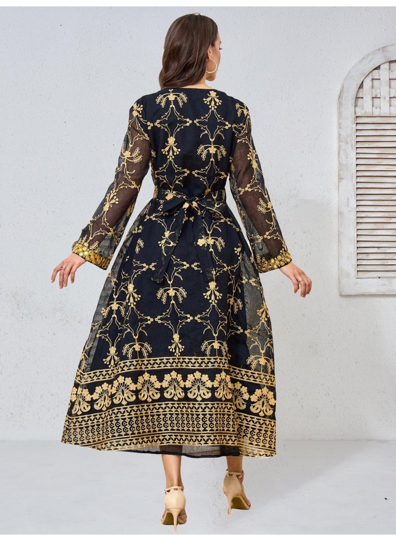 Kaiyuede Dubai Black Gold Mirror Embroidered Abaya | V-Neck Tie Waist Opaque Lined Modest Dress for Wedding & Eid - Image 3