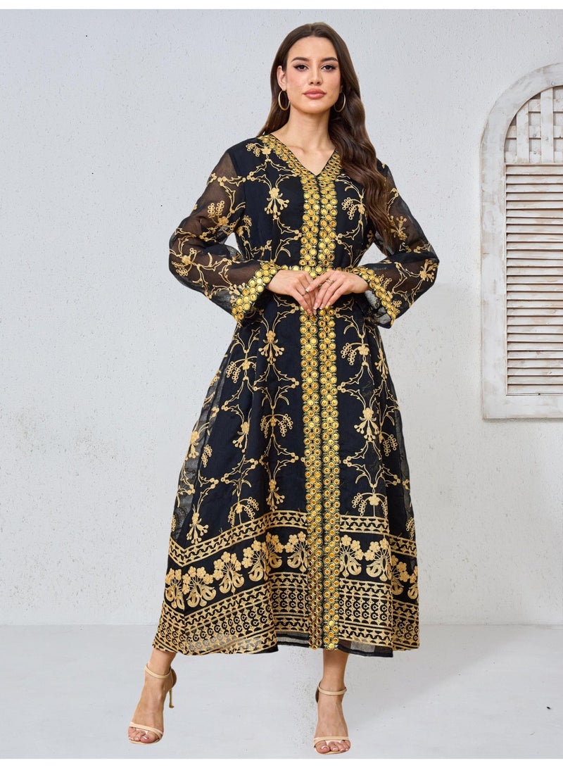Kaiyuede Dubai Black Gold Mirror Embroidered Abaya | V-Neck Tie Waist Opaque Lined Modest Dress for Wedding & Eid - Image 1