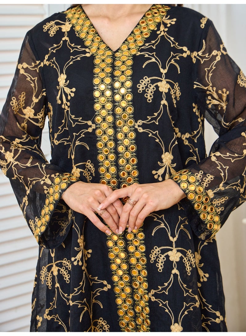Kaiyuede Dubai Black Gold Mirror Embroidered Abaya | V-Neck Tie Waist Opaque Lined Modest Dress for Wedding & Eid - Image 2