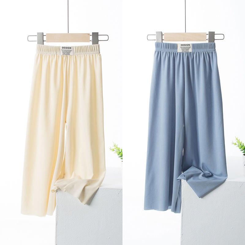 Two-Piece Set Of Girls' Wide-Leg Pants, Summer Ice Silk Pants, Thin, Stylish, Straight-Leg Shake Pants For Primary School Students, Long Pants - Image 1