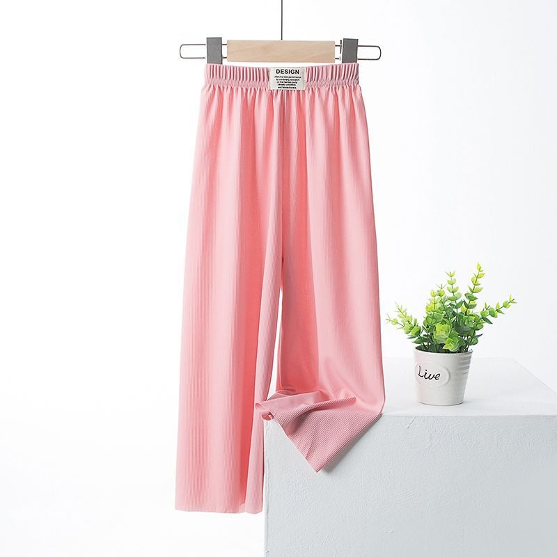 Two-Piece Set Of Girls' Wide-Leg Pants, Summer Ice Silk Pants, Thin, Stylish, Straight-Leg Shake Pants For Primary School Students, Long Pants - Image 4
