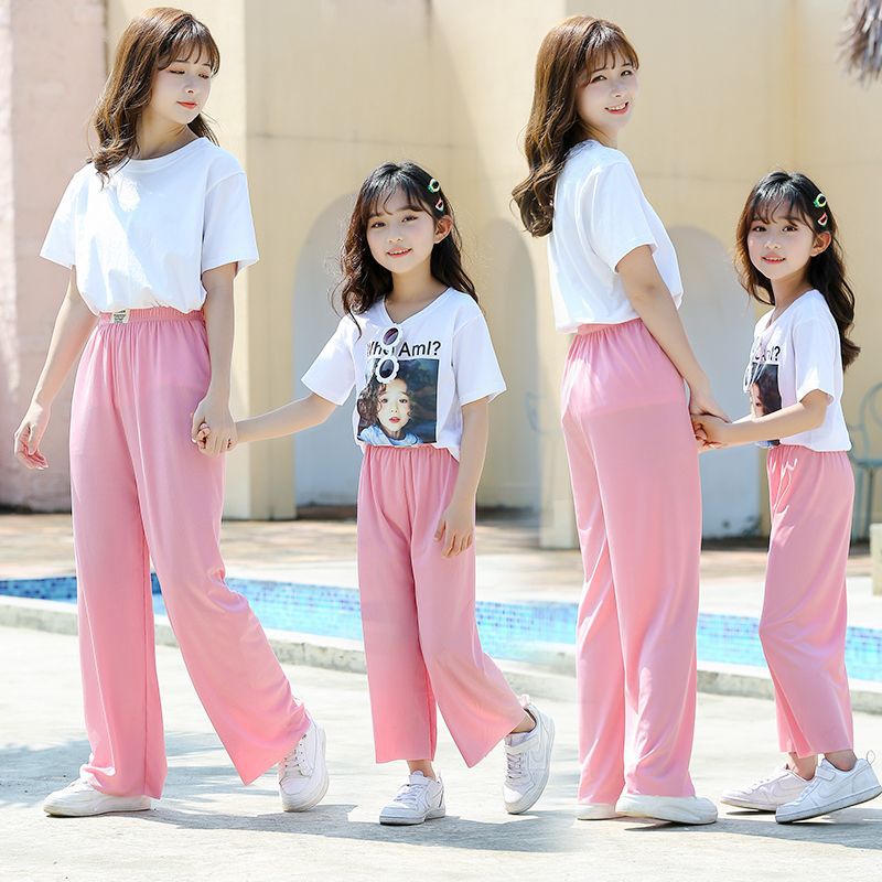 Two-Piece Set Of Girls' Wide-Leg Pants, Summer Ice Silk Pants, Thin, Stylish, Straight-Leg Shake Pants For Primary School Students, Long Pants - Image 3