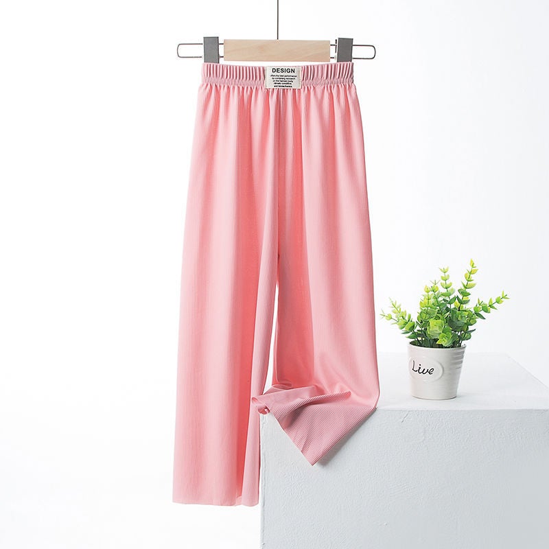 Two-Piece Set Of Girls' Wide-Leg Pants, Summer Ice Silk Pants, Thin, Stylish, Straight-Leg Shake Pants For Primary School Students, Long Pants - Image 2